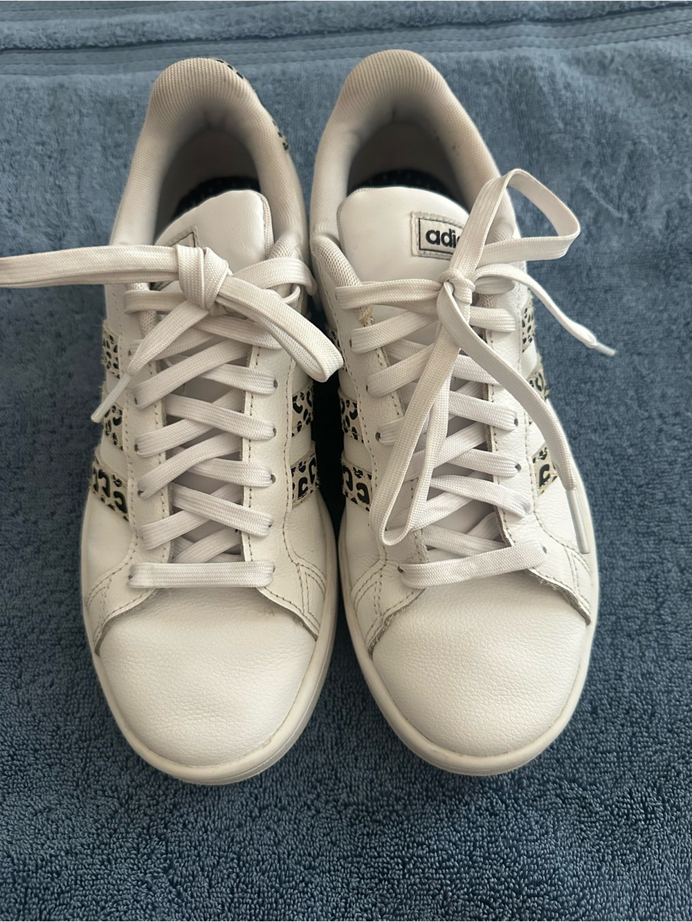 adidas White Leather Sneakers with Black Leopard Details